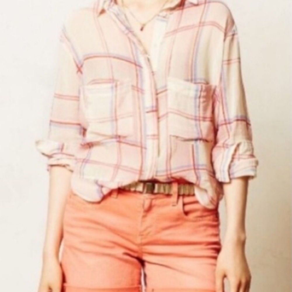 Anthropologie Holding Horses Plaid Button Front Blouse Top Shirt Size Large